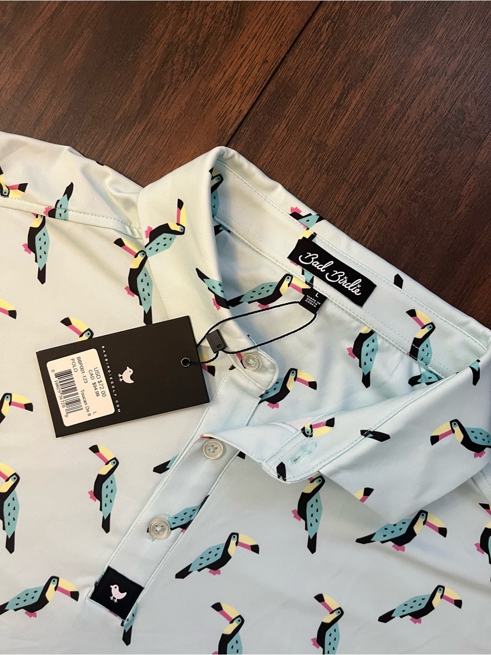 Bad Birdie Men’s The Toucan Do It Golf Polo Shirt Blue Large New